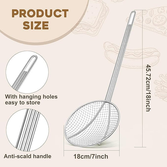 2 Pack 18-Inch Wire Skimmer Nickel Plated Wire Mesh Strainer with Long Handle Round Frying Spoon Cooking Oil Strainer for Kitchen Fried Food