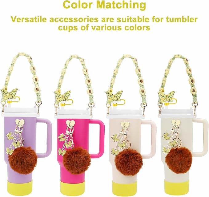 Accessories Set Including Water Bottle Handle Strap, Silicone Boot, Resin Butterfly Straw Cover, Straw Topper, Lip Balm Sleeve, Butterfly & Hairball Charms for Stanley Cup Tumbler