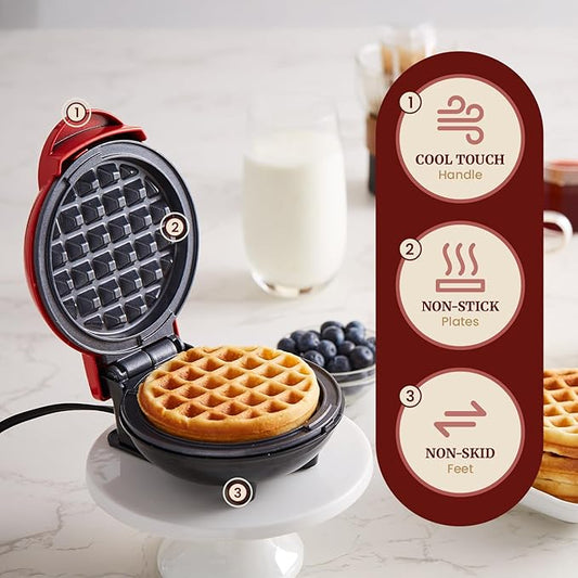 Elite Gourmet EWM015R# Electric Nonstick 4.5-inch Mini Waffle Maker, Belgian Waffles, Compact Design, Hash Browns, Keto, Snacks, Sandwich, Eggs, Easy to Clean, Red