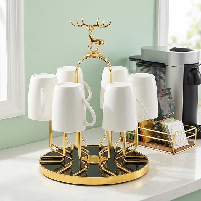 Rotating Cup Drying Rack Stand, 6 Cups Drinking Glass Holder, Non-Slip Steel Mug Drainer Organizer, Glass Cup Stand with Silicone Protective Hooks, Tumbler Dryer Tree for Kitchen, Countertop