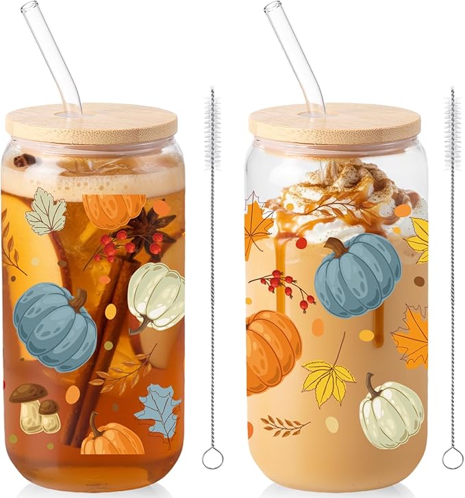 Sliner 2 Pcs Thanksgiving Glass Cups Pumpkin Maple Leaves Drinking Tumbler Fall Gifts 16 oz Iced Coffee Cup with Lid Straw Cleaning Brush for Autumn Home Office Holiday Decorations