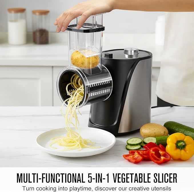 Inequalit Electric Vegetables Slicer Cheese Shredder, 5-in-1 250W Professional Automatic Salad Fruits Maker Shooter Chopper Machine Kitchen Cutter Grater Food Processor with 5 Different Blades