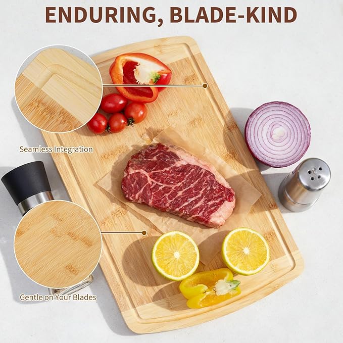 Bamboo Cutting Board, 16x10 in, 1 in Thick Wood Cheese Charcuterie Board with Deep Juice Groove & Built in Handle, Butcher Chopping Block for Kitchen