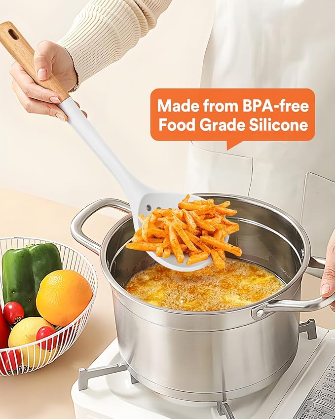 Kitchen Ladle Strainer, Large Slotted Spoon with High Heat Resistant BPA Free, Non Stick Cooking Skimmers For Draining & Frying, 13.2inch (White)