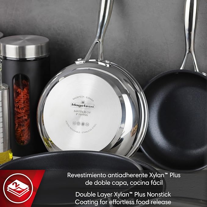 Magefesa Balance Stainless Steel Frying Pan Set, 7+9.4+11 Inches, Xylan Plus Non-Stick Coating, Energy-Saving Full Induction Base, Triple-Layer Diffuser Bottom, Oven Safe, Anti-Splash Design, Skillet