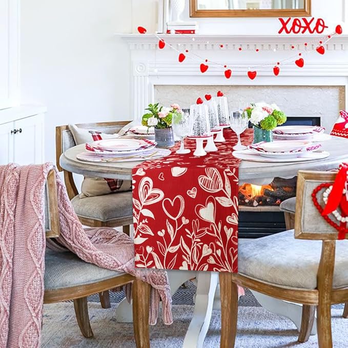 Valentine’s Day Red Heart Love Plant Table Runner 13x90 Inch , Holiday Kitchen Dining Tabletop Runners for Home Indoor Farmhouse Decoration