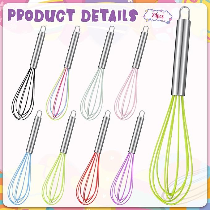 Domensi 24 Pcs 10 Inch Whisks Bulk for Cooking Silicone Whisks Non Scratch Stainless Steel Egg Beater Colorful Coated Metal Heat Resistant Egg Beaters for Valentines Day Party Favor Gift Supplies