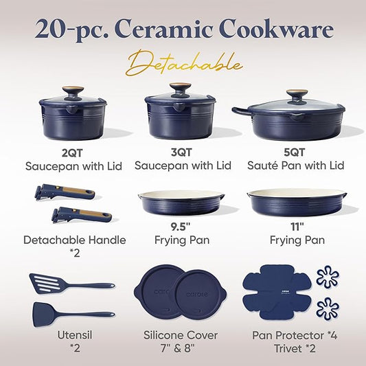 CAROTE 20Pcs Titanium Cookware Set, Pots and Pans Set Non Stick, Kitchen Cooking Set with Detachable Handle, Non Toxic Induction Cookware, Dishwasher/Oven Safe，Blue