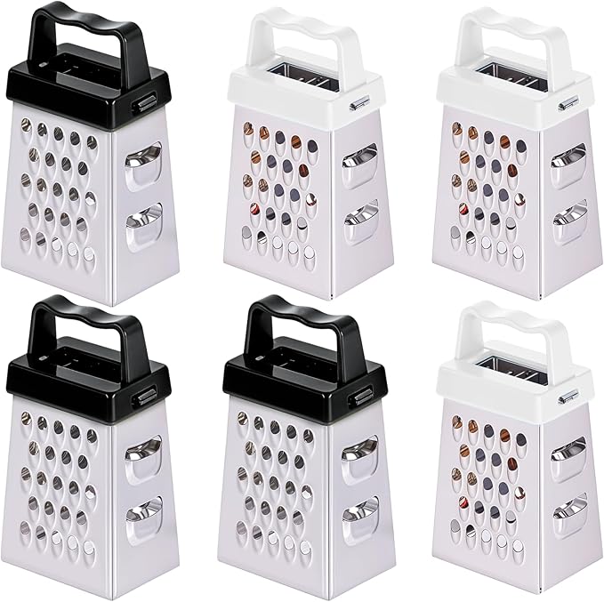 6 Pcs Mini Cheese Grater Professional Box Grater Stainless Steel Fine Coarse Handheld Slicer with 4 Sides Small Box Food Shredder Safe Zester (Black + White)