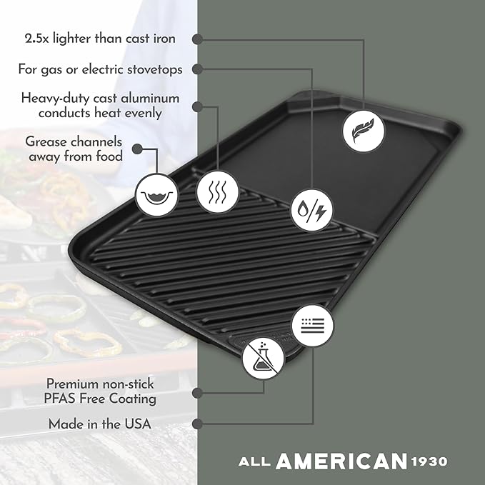 All American 1930 - Ultimate 60/40 Griddle with Ceramic Non-Stick Coating - Mustard Yellow - Durable & PFAS Free - Indoor Griddle for Easy Prep, Cooking, & Cleaning - Made in the USA