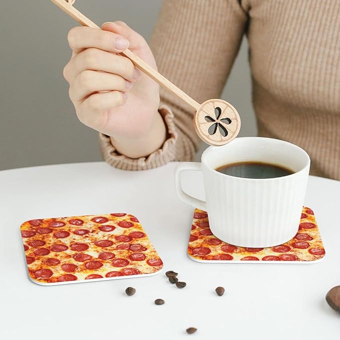 Marble Coasters Square Leather Drinks Coaster Set with Holder for Coffee Table Bar Home Decor 4 Inches Set of 6 (Pizza, One Size)