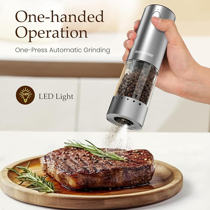 Electric Salt and Pepper Grinder Set - Valentines Day Kitchen Gifts for Him, Rechargeable with LED Lights, Stainless Steel Automatic Mill, Adjustable Coarseness, Large Capacity, Silver