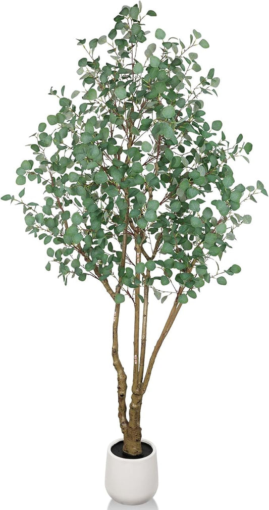 Artificial Eucalyptus Trees with White Planter, 8 FT Faux Eucalyptus Plants Indoor Tall Fake Floor Trees with Silk Leaves and Thick Trunk for Living Room Bedroom Corner Home Office Decoration