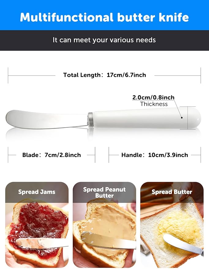 Butter Spreader Knife Set: Stainless Steel Butter Knife with Porcelain Long Handles - 2 Pack cheese spreader for Soft & Hard Butter, Jam, Cheese - Cheese Knife Spreader for Kitchen Use (White Handle)