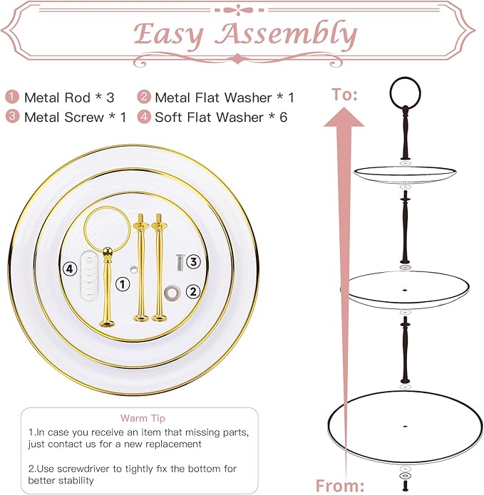 PinCute 5 Pcs Dessert Table Display Set - 2 X Cupcake Stand Holder/Cup Cake Tier Tower & 3 X Serving Tray Combo for Tea Party, Birthday, Baby Shower (Round)