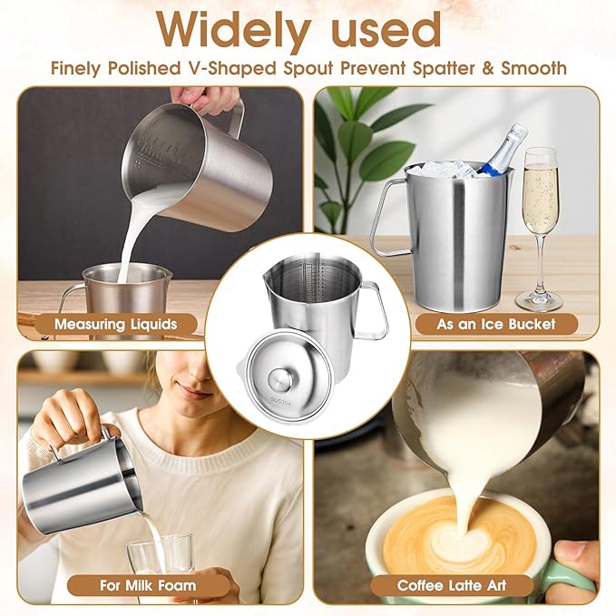Stainless Steel Pitcher with Lid 2 L 70 oz Measuring Cup with Marking Metal Water Container with Handle Milk Frothing Jug for Iced Tea Hot Cold Water