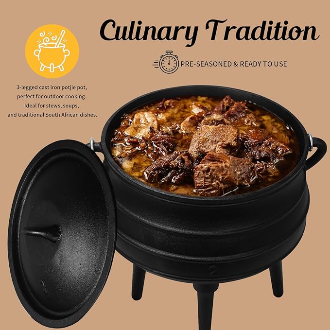 Mabeeze Cast Iron Potjie Cauldron, 6 Qt, 3-Legged Dutch Oven Pot with Lid - includes Lid Lifter and Holder - Pre-Seasoned - for Outdoor Cooking