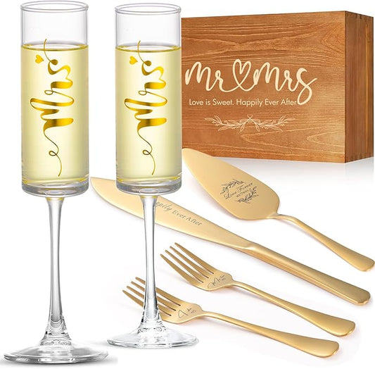 Wedding Cake Knife and Server Set, Mr and Mrs Champagne Flutes Glasses & Forks with Wooden Box, Gold Cake Cutting Set for Wedding Engagement Bridal Shower Gifts