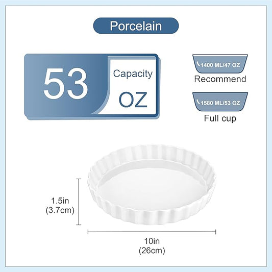 LOVECASA Porcelain Quiche Baking Dish,10 Inch Reusable Pie Pan Quiche Pan, Non-Stick Round Pie Dish, Tart Pan with Ruffled Edge,Pie Pan for Pies | Microwave,Dishwasher,and Oven Safe (White)