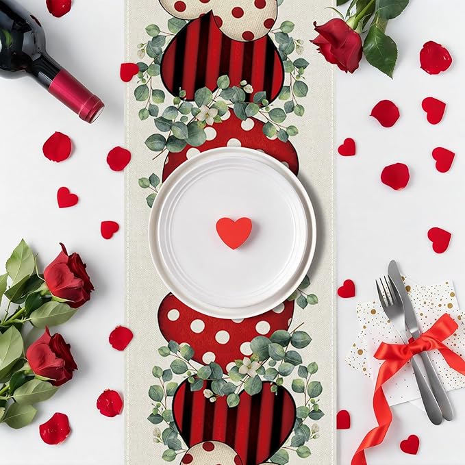 Valentines Day Table Runner 13x72 Inch, Eucalyptus Hearts Valentine Table Runner, Anniversary Home Kitchen Dining Table Holiday Party Decorations
