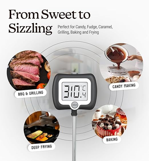 Digital Candy Thermometer with Pot Clip, 10" Long Stainless Steel Probe, Instant Read Kitchen Thermometer for Cooking, Baking, and Candy Making (Black)