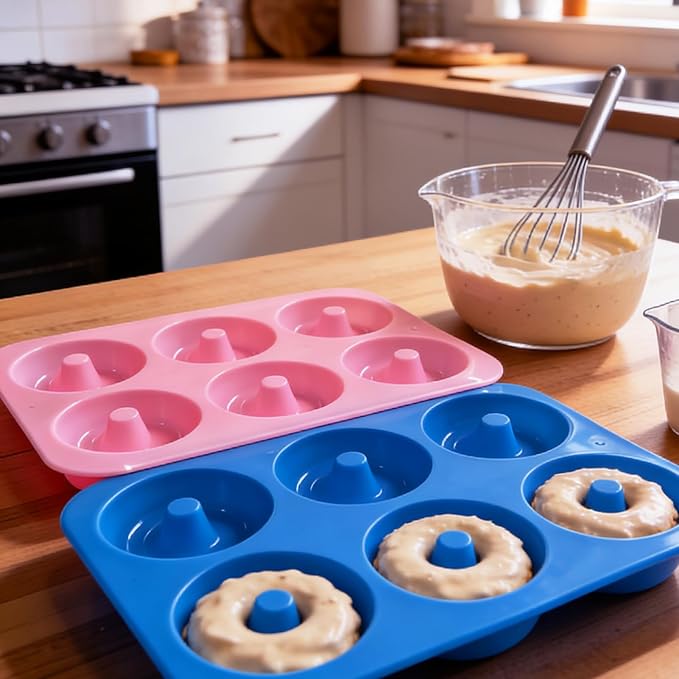 LeLehome 2PCS Donut Molds Pan, Silicone Non-Stick Donut Maker for Doughnut Baking Semi Sphere Cake Bread 6 Holes Bakeware Kitchen Tools, Pink & Blue