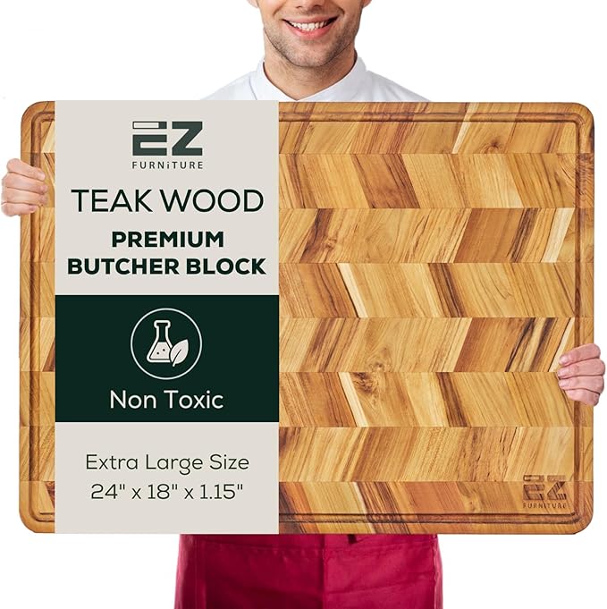 EZ FURNITURE Extra Large (XL) Teak Wood Premium Cutting & Serving Board, Knife Friendly, Pre-Oiled End Grain with Juice Groove & Handles, Non-Toxic (24"Lx18"Wx1.15"Th)
