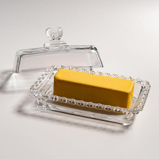 Glass Butter Dish with Heart Lid, Clear Glass Covered Butter Stick Holder Tray, Crystal Butter Storage Container for Fridge Countertop