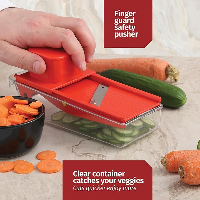 Small Mandoline Slicer – Portable Vegetable Slicer for Kitchen, Travel, On The Go – Adjustable thickness mandoline Slicer Food Cutter with Container All-in-1 Compact Vegetable Chopper– with Bowl Red