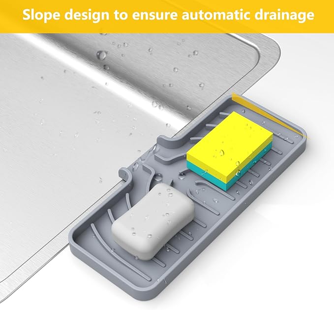 Sponge Holder for Kitchen Sink, Soap Tray for Sink & Counter, 9.8"×4.9" Soap Dish Mat, Silicone with Drain, Perfect for Dispenser, Scrubber, Bottle, Cup (Gray)