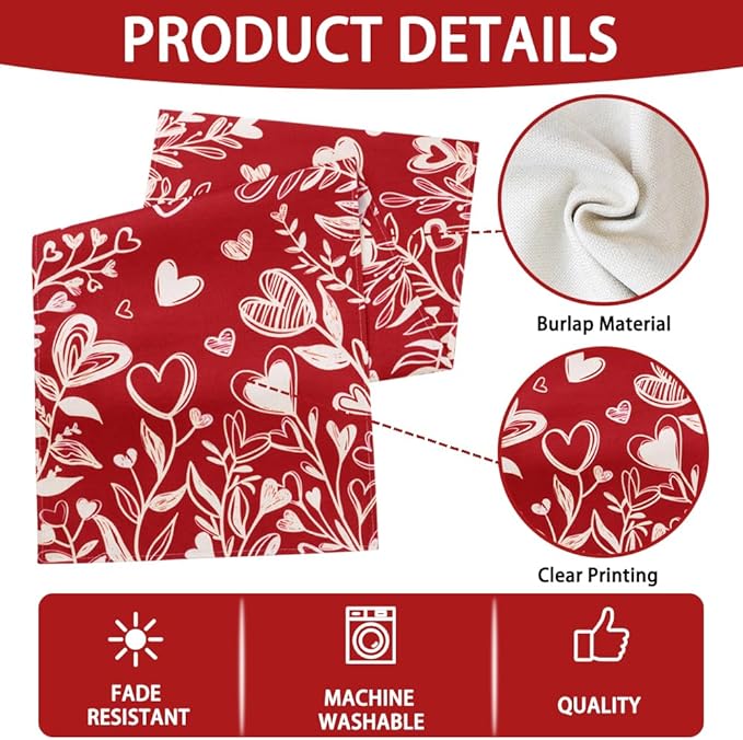 Valentine’s Day Red Heart Love Plant Table Runner 13x72 Inch , Holiday Kitchen Dining Tabletop Runners for Home Indoor Farmhouse Decoration