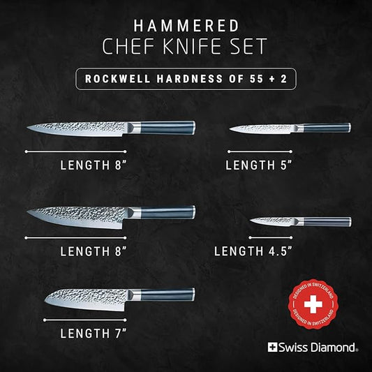 Swiss Diamond Chef Knife Set, German Steel With ABS Handle, Half Tang Handle, Hammered Blade Chef Knives Professional Grade, 55+2 Rockwell Hardness, 5 Piece Set