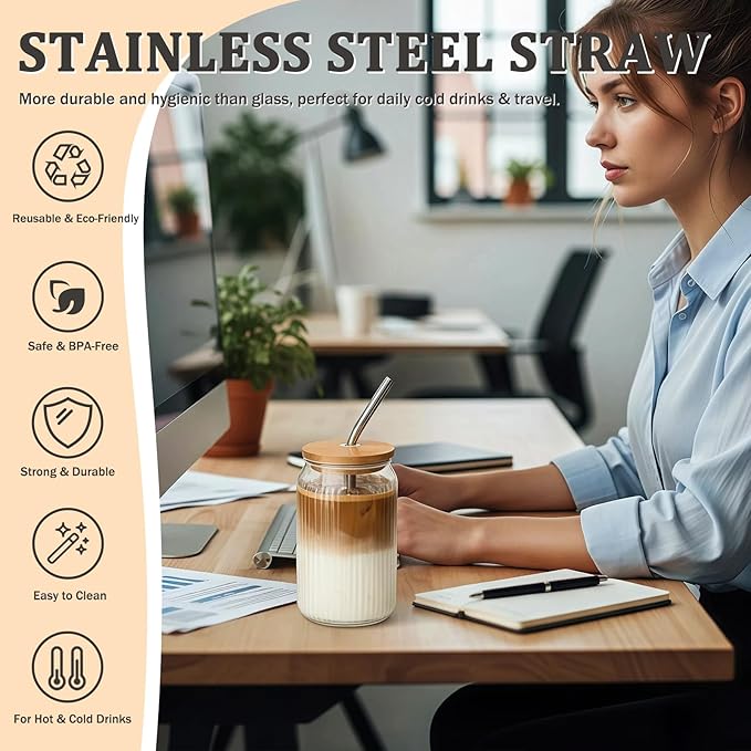 6 Packs Ribbed Glass Tumbler with Lid and Straw Ice Coffee Cup 16 oz Employee Christmas Appreciation Gift Idea Bulk Team Boss End Year Work Office Staff Coworker Team Group Colleague Teamwork Thank