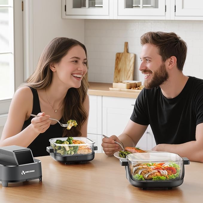 Arecovas 4-in-1 Portable Glass Air Fryer, 140–400°F Precise Heat, Max Crisp Technology, 4.2QT & 1.6QT Dual Containers with Lids, Freezer & Dishwasher Safe, Bake, Recrisp, Air Fry