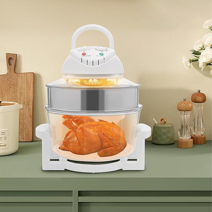 18 Quart Glass Air Fryer, 1400W Convection Countertop Toaster Oven with Adjustable 32℉-482℉ Temp & 0-60Min Timer, Bake, Grill, Steam Broil, & Roast - Includes Glass Bowl, Broil Rack, & Toasting Rack
