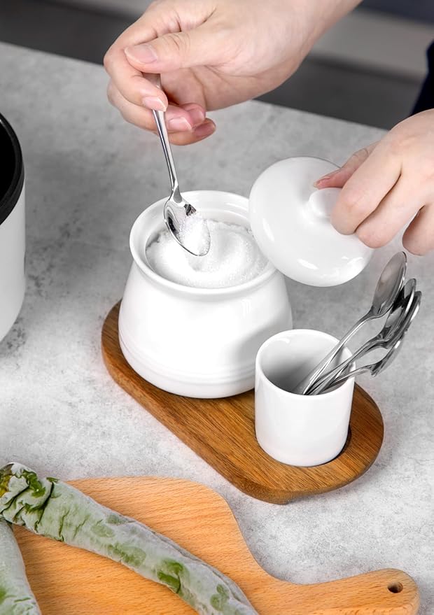 Nucookery Porcelain Sugar Bowl with Lid and Spoons, 14 oz. Large Sugar Container for Coffee Bar, Elegant Sugar Bowl Set with Stainless Steel Spoons (White, Silver Spoon)