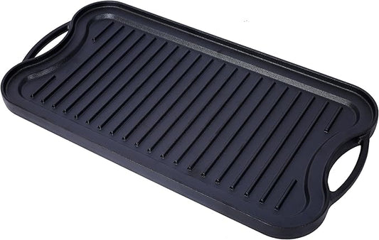 Pre-Seasoned Cast Iron Reversible Grill/Griddle – 20" x 10" Rectangular Dual-Sided Cookware for Stovetop, Oven, Grill & Campfire – Heavy Duty Iron with Ergonomic Handles, Oven Safe up to 500°F