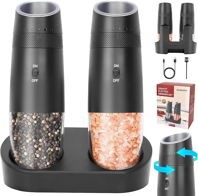 Gravity Electric Salt and Pepper Grinder Set - Automatic Refillable Salt and Pepper Shakers External 6 Levels of Adjustable Coarseness, One-handed Easy Operation,Rechargeable Base LED Light
