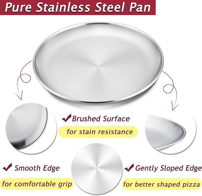 Herogo 13.5 Inch Stainless Steel Round Pizza Pan Plates Set of 4, Large Healthy Pizza Tray Platter for Oven Baking Serving, Dishwasher Safe