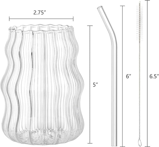 Tebery 4 Pack Ribbed Aesthetic Glass Cups with Glass Straw, 16Oz Vintage Drinking Glassware Ripple Cocktail Glasses for Iced Coffee Juice Beverage Milk RibbedGlassCups-4pc