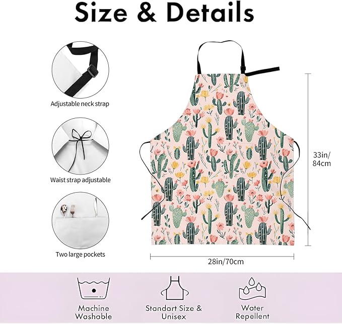 Desert Bloom Apron,Adjustable Waterproof Oxford Fabric Kitchen Apron with 2 Pockets for Men and Women, Cooking, Baking, BBQ, Coffee Shop, Housewarming Gifts, 28x33 Inches