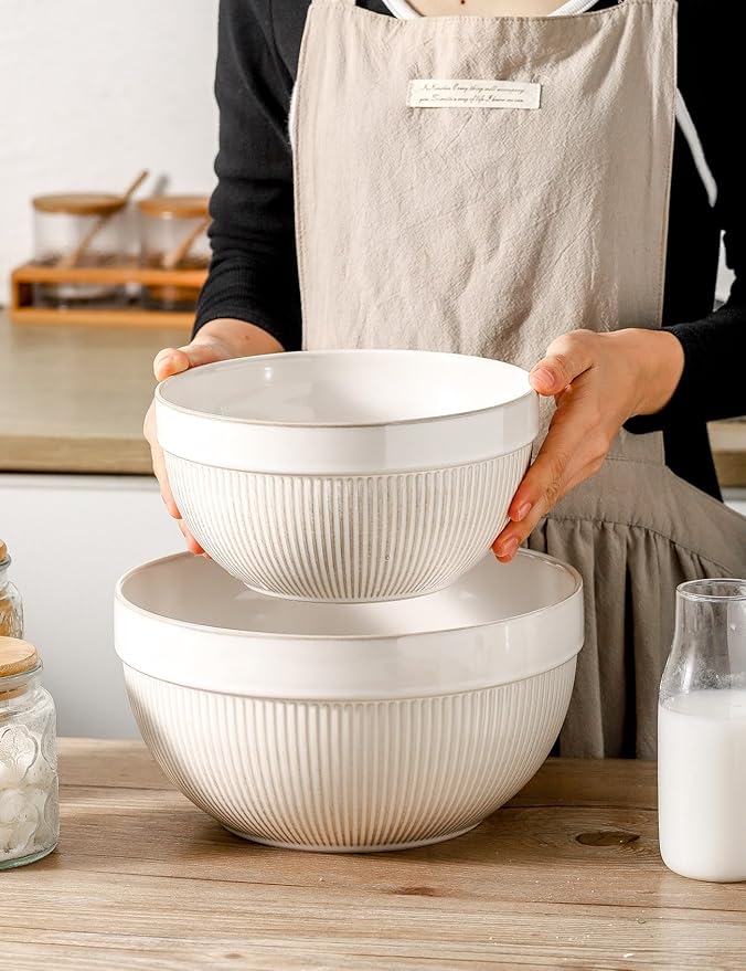 Ceramic Large Yellow Stripe Mixing Bowls for Kitchen, Set of 2 Big Serving Bowls for Cooking, Popcorn, Salad, Soup, Baking, Dough Bread Making Bowl, 10 inch + 8 inch, White