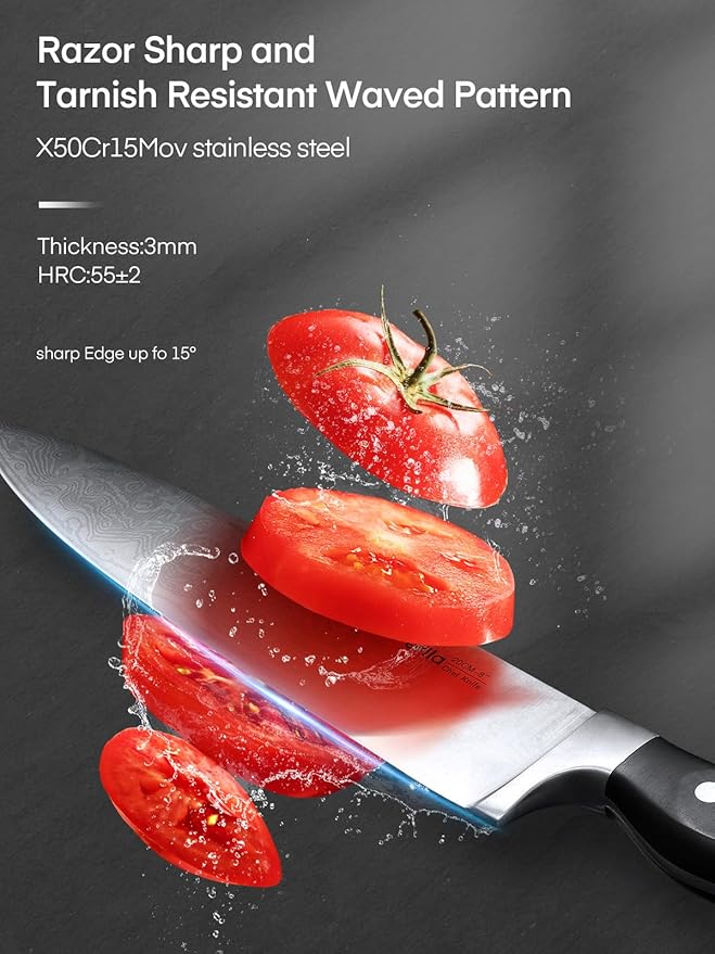 Knife Set, D.Perlla 7 Pieces Kitchen Knife Set with Built-in Sharpener, Stainless Steel Knives Block Set with Unique Waved Pattern, Non-slip Handle, Black