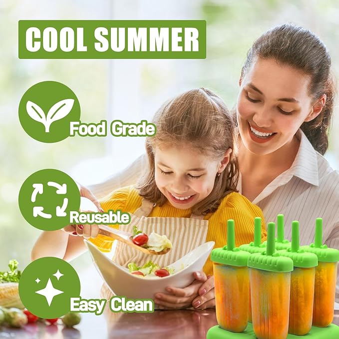 New Resunable Popsicles Molds,Pack of 6 Pce Ice Popsicle Maker- Food Grade BPA Free,Easy-Release Ice Pop Molds,Diy Homemade Popsicle Molds with Resunable Popsicle Sticks (Green)
