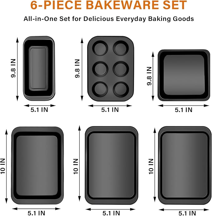6-Piece Carbon Steel Bakeware Set, Nonstick Baking Pans with Cookie Sheet, Deep Roaster, Square Pan, Loaf Pan, Muffin Pan for Cooking,Baking Pans Set (black)