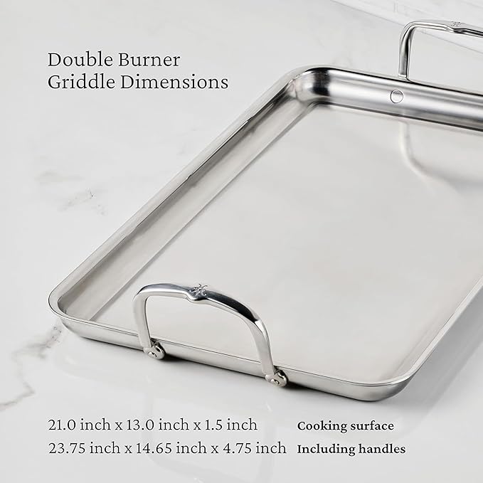 Hestan Provisions Tri-Ply Stainless Steel Double Burner Griddle, 21x13-Inch, with Drip Drain, Induction Compatible