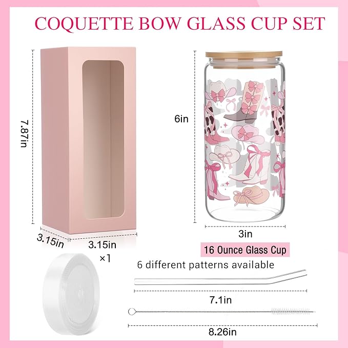 6 Pcs Coquette Bow Aesthetic Cup with Gift Box 16 oz Cowgirl Pink Bow Glass Cup with Lid and Straw Iced Coffee Tumbler Cowgirl Gifts Drinking Jar for Women Friend Sister Girlfriend