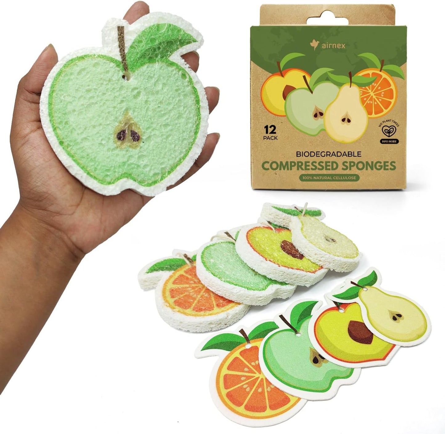 Compressed Cellulose Sponges - 12 Pack Fruit Shaped Natural Pop Up Dish Sponge for Kitchen - Compostable, Plant-Based, Non Scratch Cleaning Sponges Bulk for Dishes & Household Cleaning