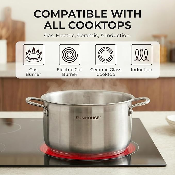 SUNHOUSE 18/8 Stainless Steel Stock Pot - 6 Quart Heavy-Duty Induction Cooking Pot with Visible Lid for Pasta, Soup, Spaghetti - Nonstick Thick-Bottom Deep Stockpot for Canning, Boiling, and Simmering