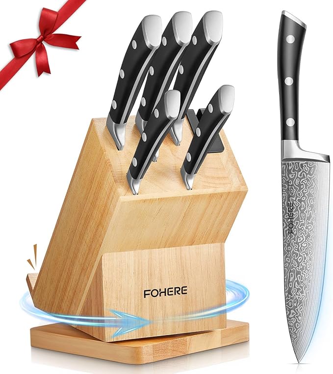 Knife Set, FOHERE Knife Block Set With Phone Holder, 360° Rotatable Kitchen Knife Sets 7PS, Knife Set with Sharpener, German Stainless Steel, Wood